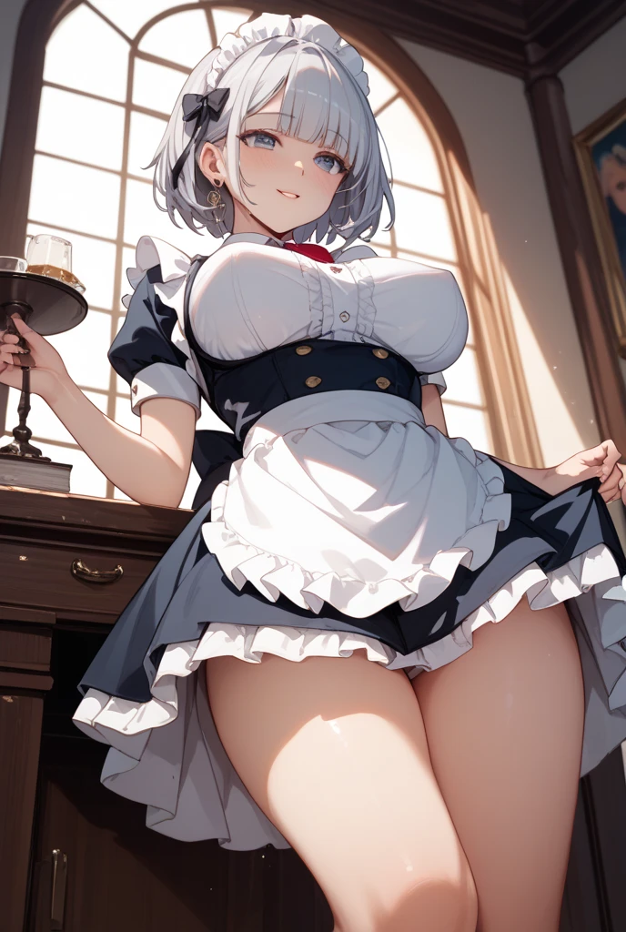 ((((masterpiece, best quality, high resolution)))), 1girl, white hair, red eyes, short wavy hair, average breasts, blush, light smile, parted lips, glow, thighs, bare shoulders, collarbone, narrow waist, cleavage, (beautiful detailed face, beautiful detailed eyes), long slender thighs, perfect eyes, (bikini, maid apron, maid headband), (sunbeam, sunlight, rose, wind, cafe), nsfw