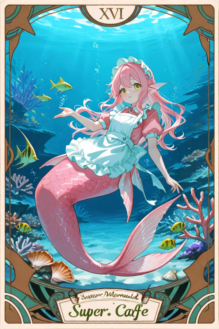 Pretty 15 years old princess magically transformed into a beautiful mermaid, race swap, none human, fish like, long mermaid tail below waistline, pointy ears, red fish scales on skin, drawn in anime style, very long pigtails red hair, sharp teeth, is smiling, pink eyes, small breast, long pelvic and dorsal fins, pair of fish gills on the torso, seashells bra, starfish hair clips, pearl earrings and bracelets, pearl necklace, hair ribbons, gold tiara, ocean depths, swimming underwater, Highly detailed, 4K.