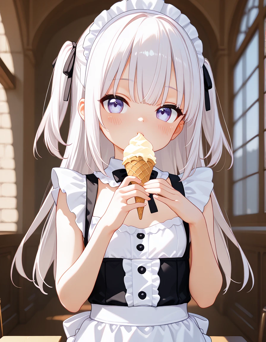 (8K, best quality, master piece: 1.2),super high resolution,1 girl,solo,16yo,ultra-detailed face,detailed eyes,silver eyes,blunt bangs,silver hair,Straight hair,Long hair,pale skin,(spoken text:"OISHII":1.5),white short sleeve petal collar blouse,black tiered skirt,(black Fascinator),expressionless,lash extension,parted lips,rim light,(holding a strawberry soft serve ice cream),Looking at viewer,sitting on chair,indoors soft serve ice cream shop