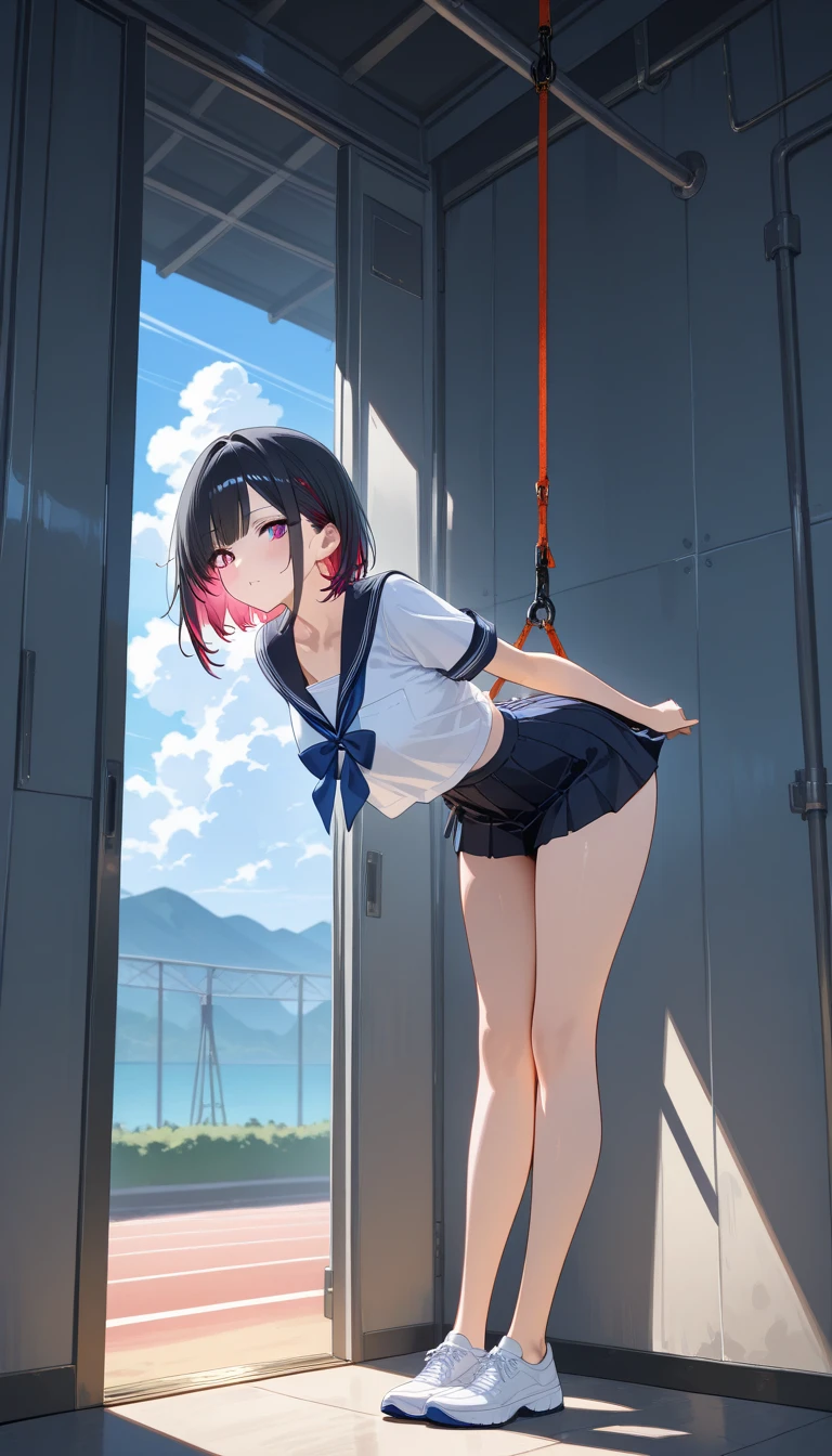 High school girls、1girl, Tall、(Angle from below:1.5), Blindfold、Excited, Sweat、((Summer School Uniforms)), ((Torn short-sleeved shirt))、The shape of the chest is clearly visible、small breasts、(Light blue bra), (navel), (Ripped pleated mini skirt)、((Light blue lace panties))、Forehead、 Long black hair、Slender、16 years old girl, ((arms behind back)), (shibari:1.5), rope, dominatrix,BDSM,(ashamed:1.21), ((close up crotch)), ((Being crucified)), On the roof of a building、footjob, 1boy, penis, ((eject cum:1.5)), He is upside down with his legs spread and his penis exposed、(he is Amazon position), (((foot on penis))), (she is standing and footjob), One leg raised、
