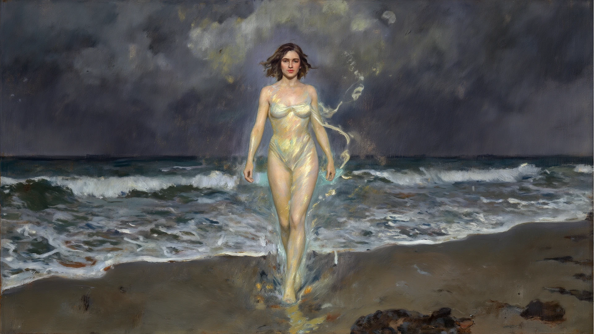 close view of full body nude young belgian woman, in erotic pose , hairy pubic , background ocean waves with foam, thunderclouds, lightnings, ( baroque oil painting style)