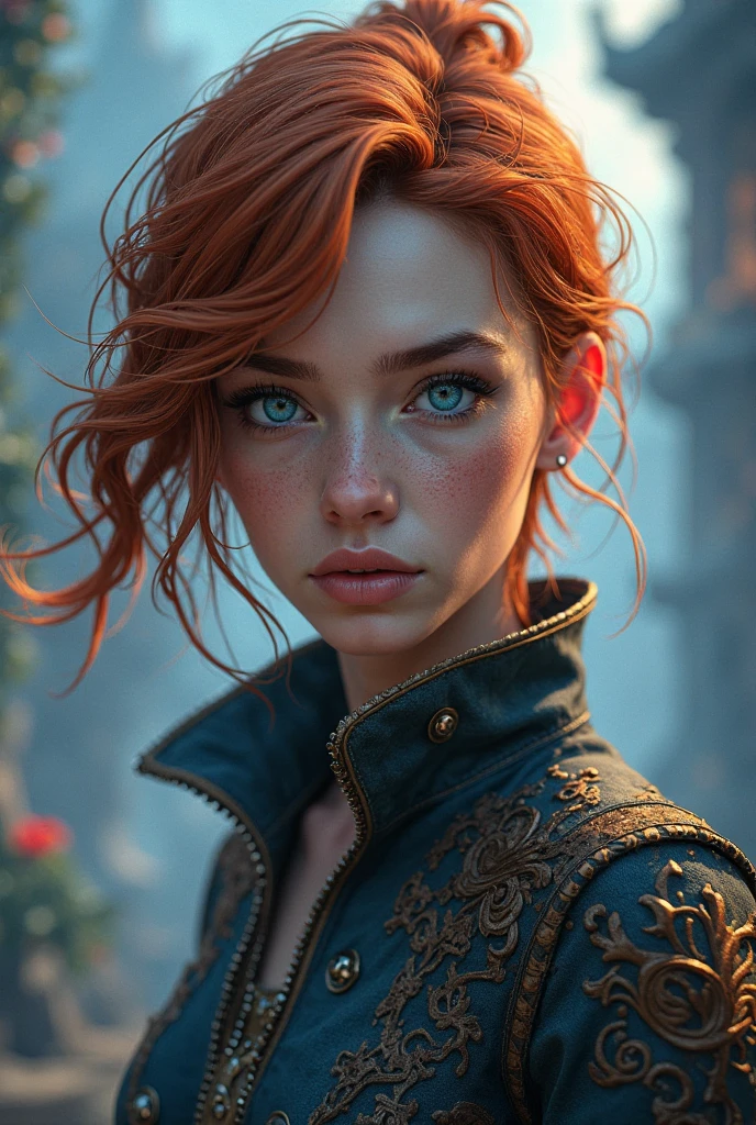 (8k, RAW photo, highest quality),(epic realistic:1.5), a girl, dynamic posture,erotic face,shirt,(detailed eyes:0.8),(looking at the camera:1.4), (highest quality), (best shadow),intricate details,cinematic,((skin:1.4)),interior, (ginger hair:1.3),dark studio,(hdr:1.5),detailed, muted colors, freckles corpo inteiro perto de animal robô, no estilo de Alphonse Mucha, (Mandy Jurgens), Greg Rutkowski, surrealismo, arte sombria por Adrian Smith, Justin Gerard, Henri Rousseau Funk arte designs bordas linhas decorações geométricas, cores suaves inspiradas em Saturno Butto