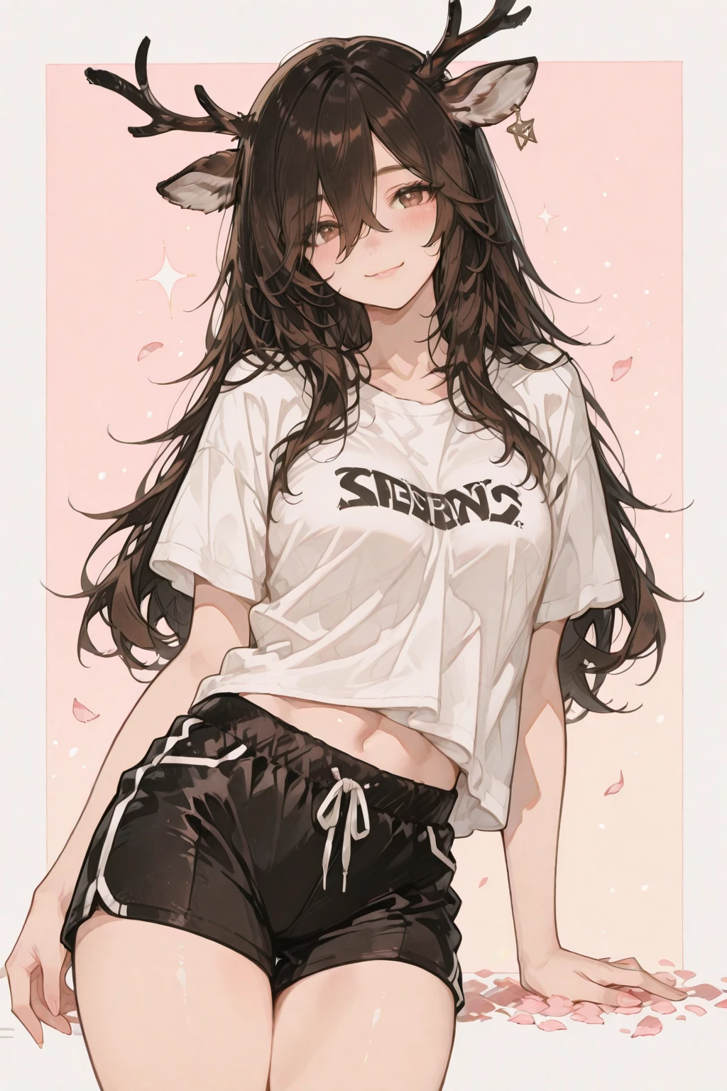 FFXIV Miqo'te with a lithe body, brown hair in long ponytail, beautiful face, small breasts and tanned brown skin, wearing a tight t-shirt and short black denim shorts