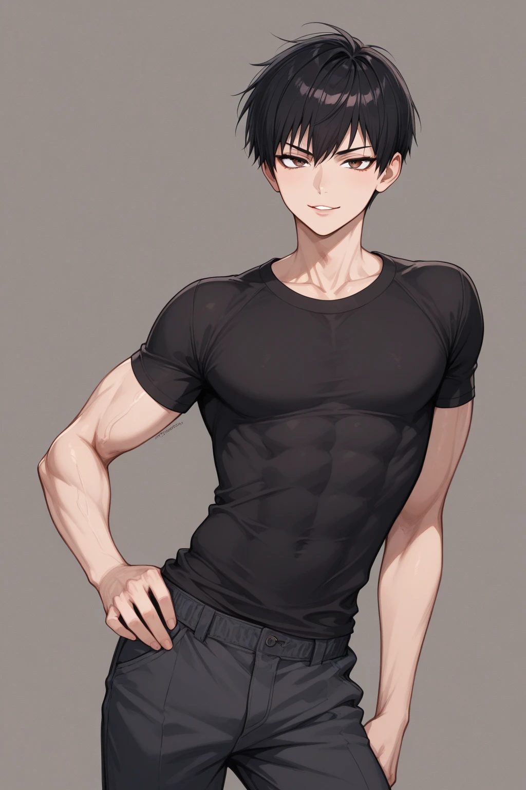 Young guy, short black hair, high ponytail, Yellow eyes, Scars, bloods, confusion, Wounds, Smile, Bandages, red martial arts pants, open torso, Masterpiece, hiquality, 4k, HD, Good detail