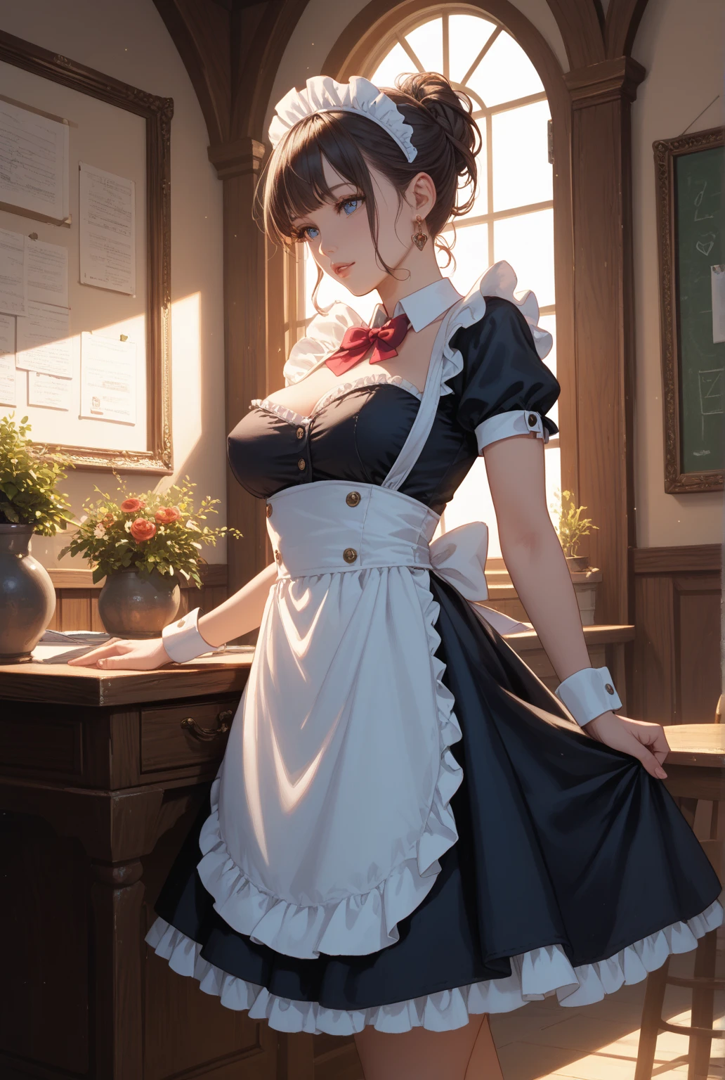(((masterpiece, Highest quality, High resolution, 超High resolution, Perfect Pixel, Depth of written boundary, 4K, RTTX 10.0))), Beautiful Anime Woman, Beautiful art style, Anime characters, ((Smooth texture, Realistic texture, Anime CG Style)), Exact finger count、Exact number of legs、(Exact number of arms:1.0, Exact number of hands:1.0), (Perfect hands, Perfect Anatomy), Cinematic, Realistic, Extremely detailed CG, Daytime lighting, Perfect lighting, Best Shadow, The best natural light, whole body, Perfect body, Slender body, ((bangs, Dark reddish brown hair, Stylish and cute twin tail hairstyle), Long Hair), (Detailed face, Cute Face), (A grown woman standing with her own hand lifting up her skirt:1.7), (black and white maid outfit, Frilled maid outfit, Knee socks, pumps:1.3)、Angle from the front, ((Sexy and cute white panties:1.3), (Glossy satin panties, Side-tie panties, Lace panties:1.3), (White panties with red ribbon, garter belt:1.3)), (Beautiful big boobs), (Beautiful and thin thighs:1.3), Feeling embarrassed, (blush:1.2), (Very embarrassed look:1.5), (maid Cafe, Tables and chairs, Many male customers in the background, The male customers are chatting:1.4)