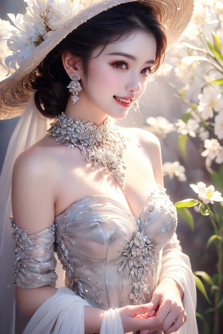 Create a realistic artwork featuring a beautiful woman with a perfect physique and a face of mixed ethnicity. She is adorned in a traditional white kebaya made of lace material, delicately revealing her skin due to its thinness. Her hair is elegantly styled in a bun with strands of jasmine intertwined. The woman poses gracefully with a lovely smile, while a butterfly rests delicately on her finger. The composition should include a variety of flowers in a garden setting, enhancing the scene with color and vibrancy
