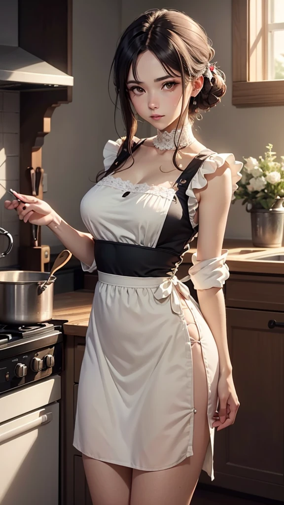 (hyper realisitic), (Illustration), (High resolution), (8K), (Extremely detailed), (Best Illustration), (Beautiful detailed eyes), (Best Quality), (super detailed), (masutepiece), (Wallpaper), (Detailed face), Solo, (Dynamic Pose), 1 girl, White wavy hair in the kitchen, Korean, Heterochromic eyes, Small moles under the eyes, ((Apron)), Big breasts, Long legs, tightens abs, (Camel toes), (Black stockings), (), (No bra)