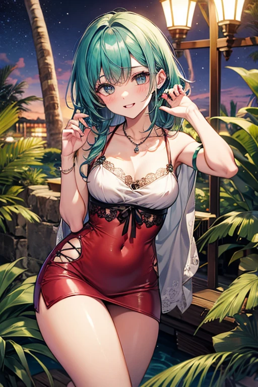 masterpiece, best quality, very aesthetic, absurdres, 1girl, mature_lady, ,Turquoise hairhair between eyes / pointy hair / long bangs,red dress,,in a botanical garden,blur background,background defocus