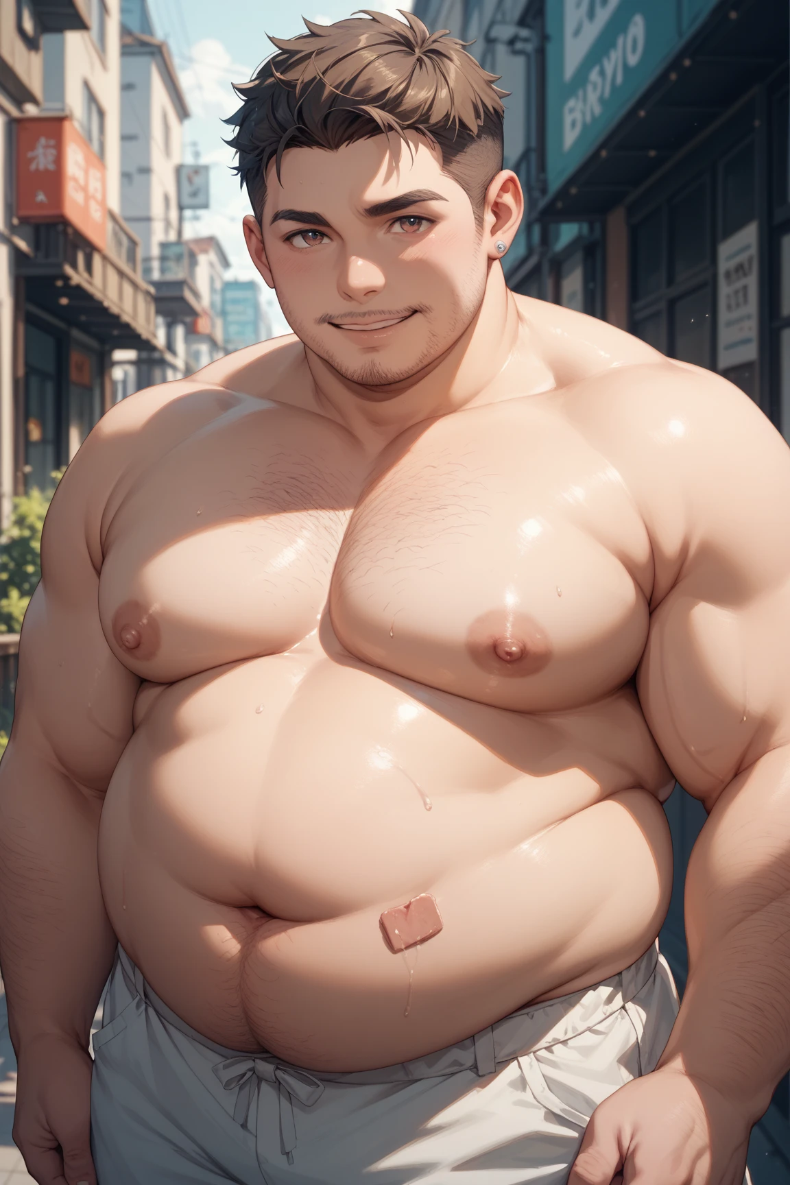 masterpiece、8K、ぽっちゃりとfat man、fat man、a man with a plump body、naked man、GMDP 、penis、buttocks、Sweat、Erotic、anime