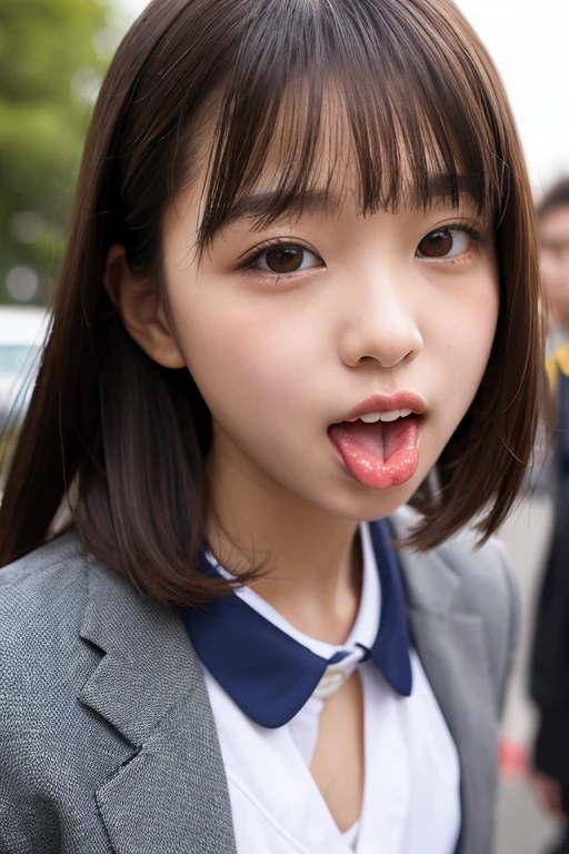 ,collared shirt,Short sleeve,pleated skirt,tie,Navy blue socks,(open mouth:1.5),(tongue out:2),dim,Alley,stand,Hands under the chin,front view,cowboy shot,from above(1girl,Beautiful 14 year old girl,teenager),((Slender,Small breasts,Small face,)),(looking at viewer),Black Hair,bangs,straight,Beautiful and detailed

