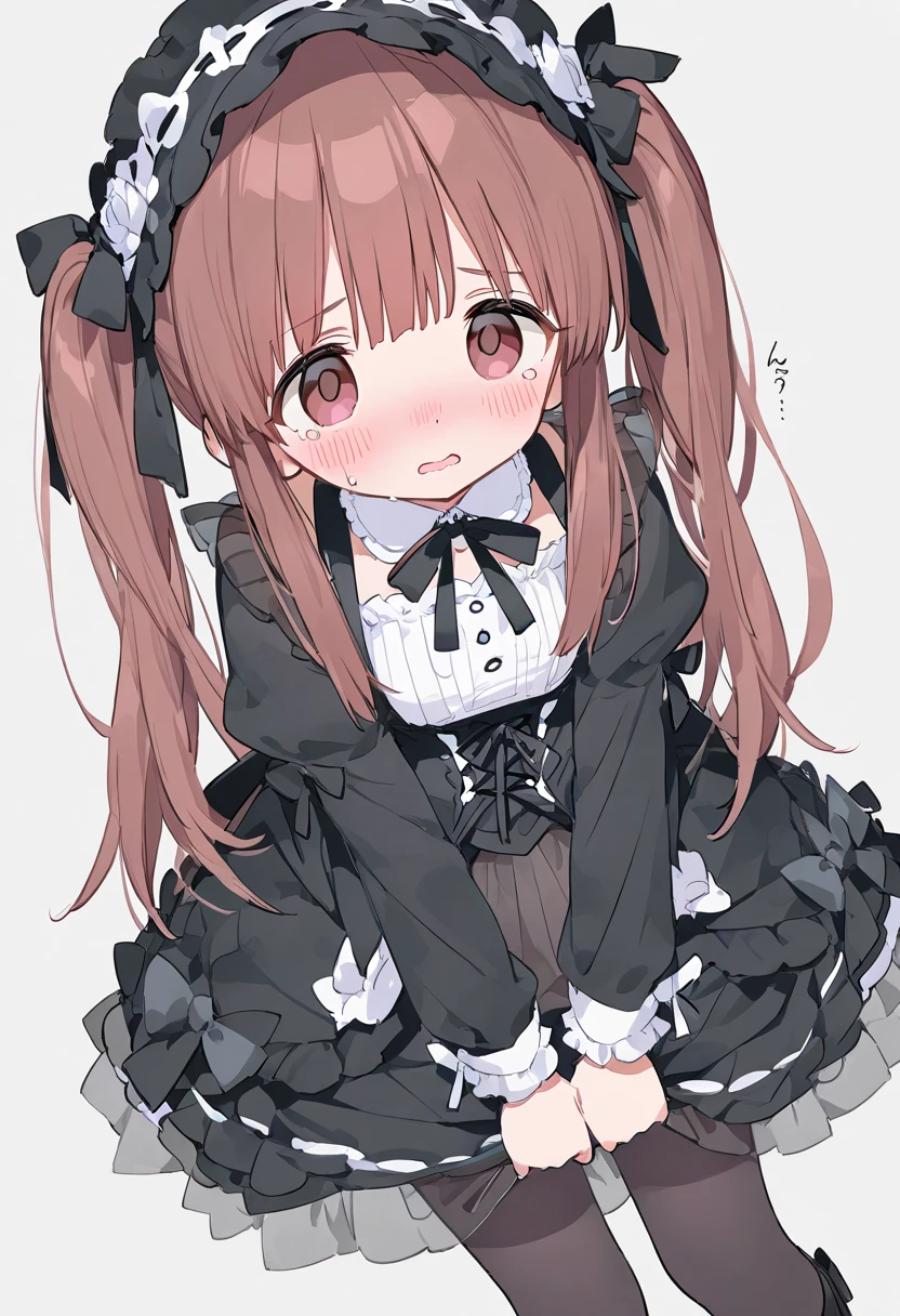 1girl, animal ears, solo, tail, brown hair, breasts, red eyes, dress, cat tail, cat ears, thighhighs, white background, long hair, smile, collar, simple background, cat girl, bare shoulders, strapless, hair ornament, black thighhighs, frilled dress, very long hair, frills, black dress, animal ear fluff, strapless dress, looking at viewer, closed mouth, bow, cleavage, small breasts, red bow, blush, leaning forward, bangs, collarbone, bare arms, hair between eyes, bowtie, red bowtie, zettai ryouiki, hairclip