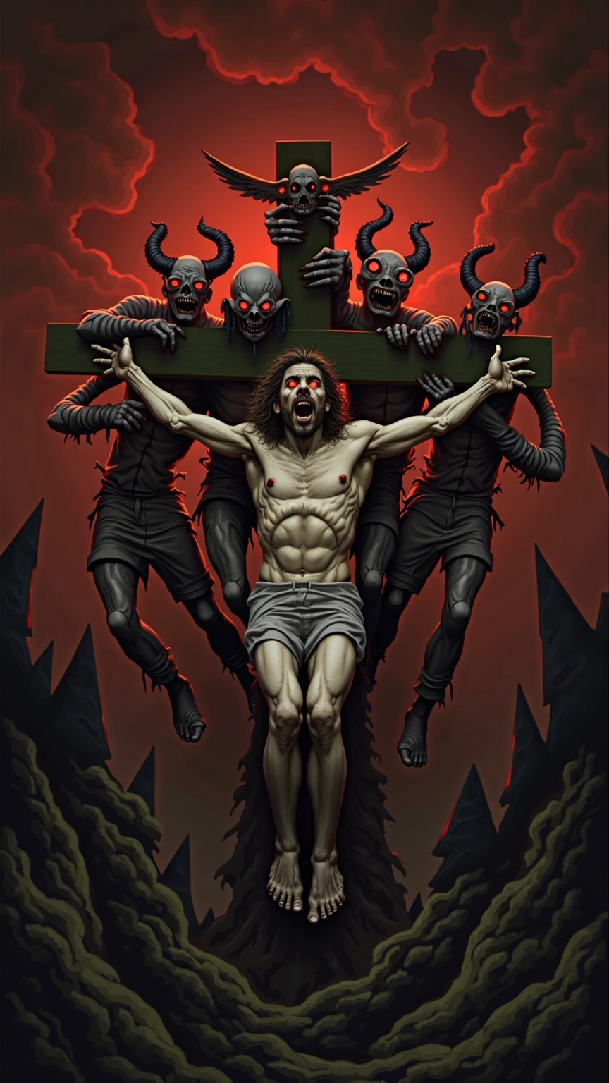 Human chained in a cross, but only in torso and the hands and behing the cross; front view, face full of rage and looking to us with bright eyes; beautiful man; caravaggio oil painting; realism; mid lenght hair; background with a lot of detail; inferior half body destroyed with legs destroyed; and blood; show hands becomings into fangs, and arms downs; the cross in stone with some ornament; show bull body and a bigger backgroun with a lot os cross in land