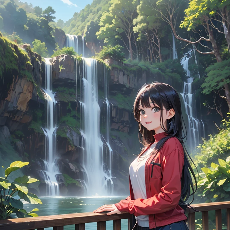 ((top quality)),((amazing)),(details),young girls,1girl,One person、upper body、using an oxygen pump、long hair、brown eyed girl 、(((An observatory where you can see a spectacular waterfall in the immediate vicinity)))、((in a deep green forest、Watching the spectacular waterfall from the middle of the observatory、handrails on the observatory))、(((Waterfall with a height of about 100mModerate waterfall、One waterfall with plenty of water))),watching the water flowing down、Surrounding area is a starry night surrounded by trees 々is overgrown and the majesty of the waterfall stands out),Smile Yang。((The red check long sleeve、light green trekking pants))、非常にdetailsなCG、(Perfect hands、Five Fingers、perfect finger、Perfect Arms、Perfect Anatomy)