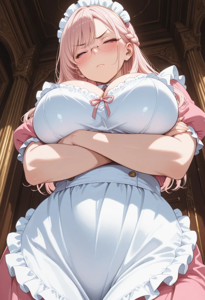nsfw, 1 girl, game CG, topless frilly wedding dress lift, veil, lace black panties, gigantic breasts, pink hair, long hair, braids, princess hairstyle, ahoge, pink eyes, embarrassed, bedroom, pov,