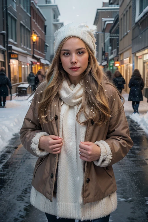 professional portrait photograph of a gorgeous Norwegian girl in winter clothing with long wavy blonde hair, sultry flirty look, gorgeous symmetrical face, cute natural makeup, wearing elegant warm winter fashion clothing, ((standing outside in snowy city street)), stunning modern urban environment, ultra realistic, concept art, elegant, highly detailed, intricate, sharp focus, depth of field, f/1. 8, 85mm, medium shot, mid shot, (((professionally color graded))), bright soft diffused light, (volumetric fog), trending on instagram, hdr 4k, 8k