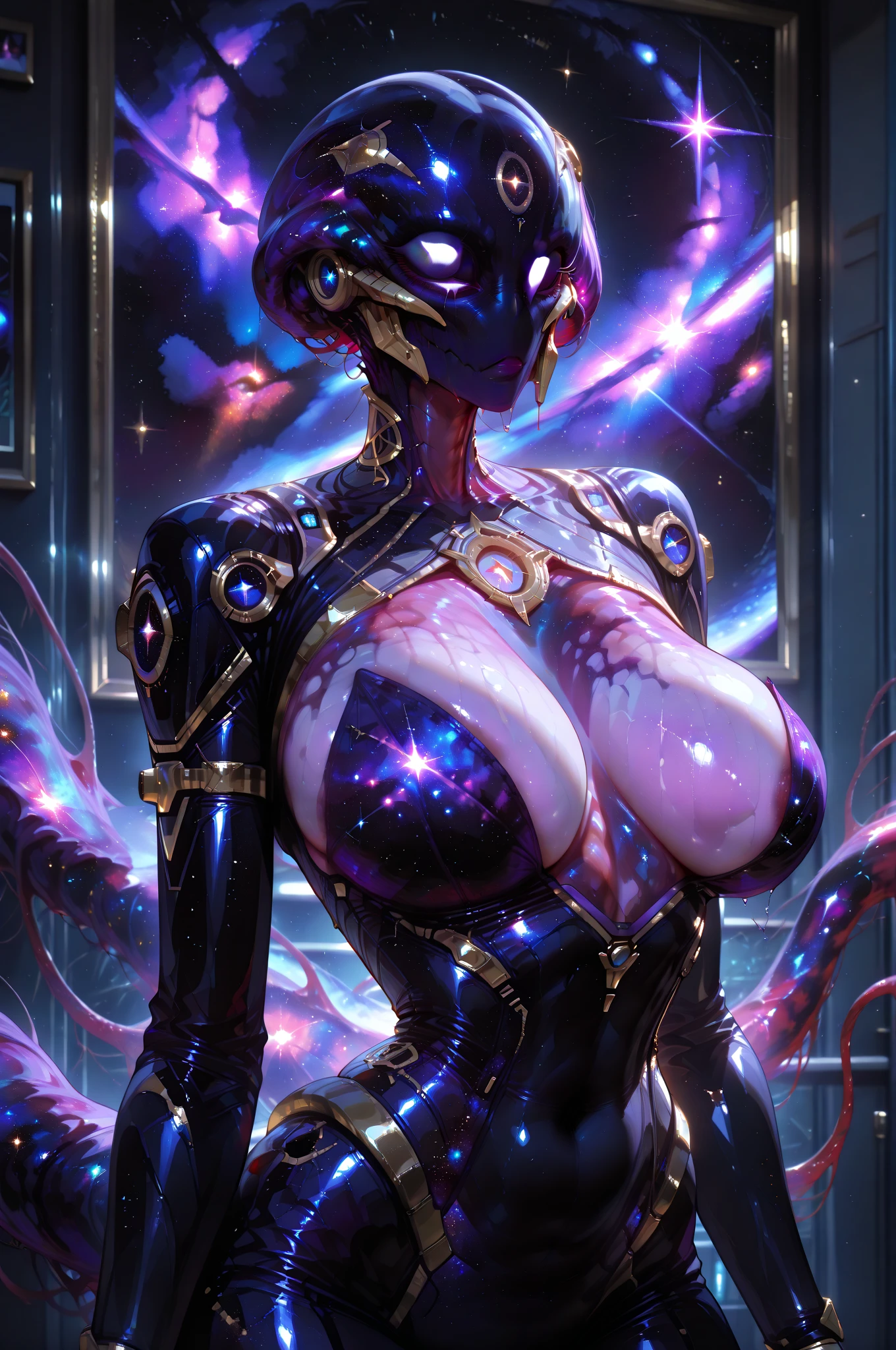 The beautiful figure of Ultraman Woman, Cover his true face with a black mask, Female Solo, Alien eyes shine。The whole body is covered with a black bodysuit, One female protagonist, Pink lines all over the body, Crystal shining on the head。The chest has a radiant core, Dark background,