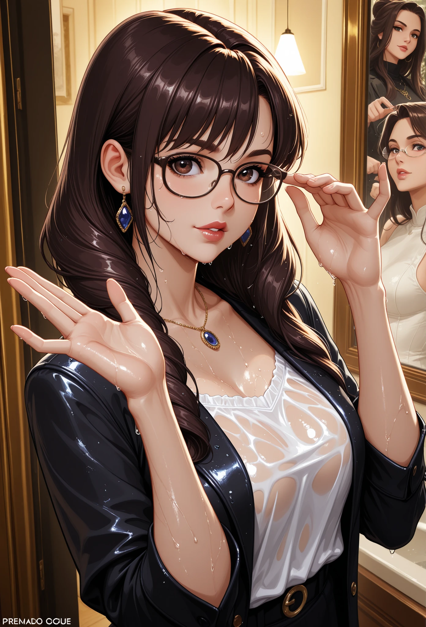 The private clothes of a top American gravure model specializing in cheating wives、Knitted clothing、Loose knitted sweater、Beautiful appearance、Gravure pose、Glasses、20s baby face、Bra glimpse, bra visible through the collar of the sweater、slouch