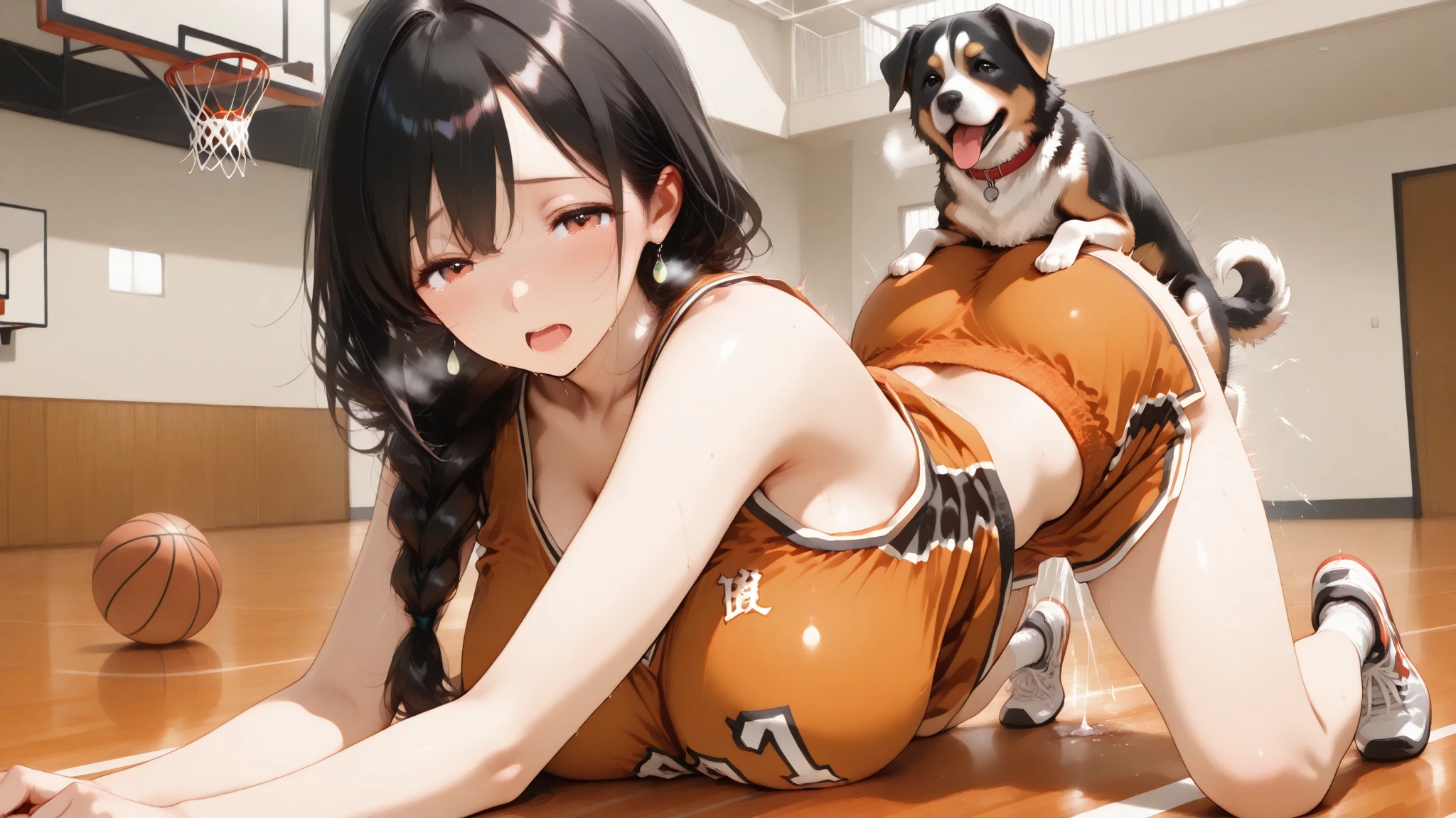 masterpiece, Highest quality, High resolution, ik1, One Girl,   (Big Breasts:1.1), (Puffy nipples:1.7),Tank tops that show nipples, Dog&#39;s tail, Animal Collars, Cleavage, Wristband, Cartoon bones, Barrette ,Cowboy Shot, squat, Hotel, The crotch is open, seems to be happy, Laughter, (Breast milk dripping from the nipples:1.3),(Breast milk squirting:1.5)