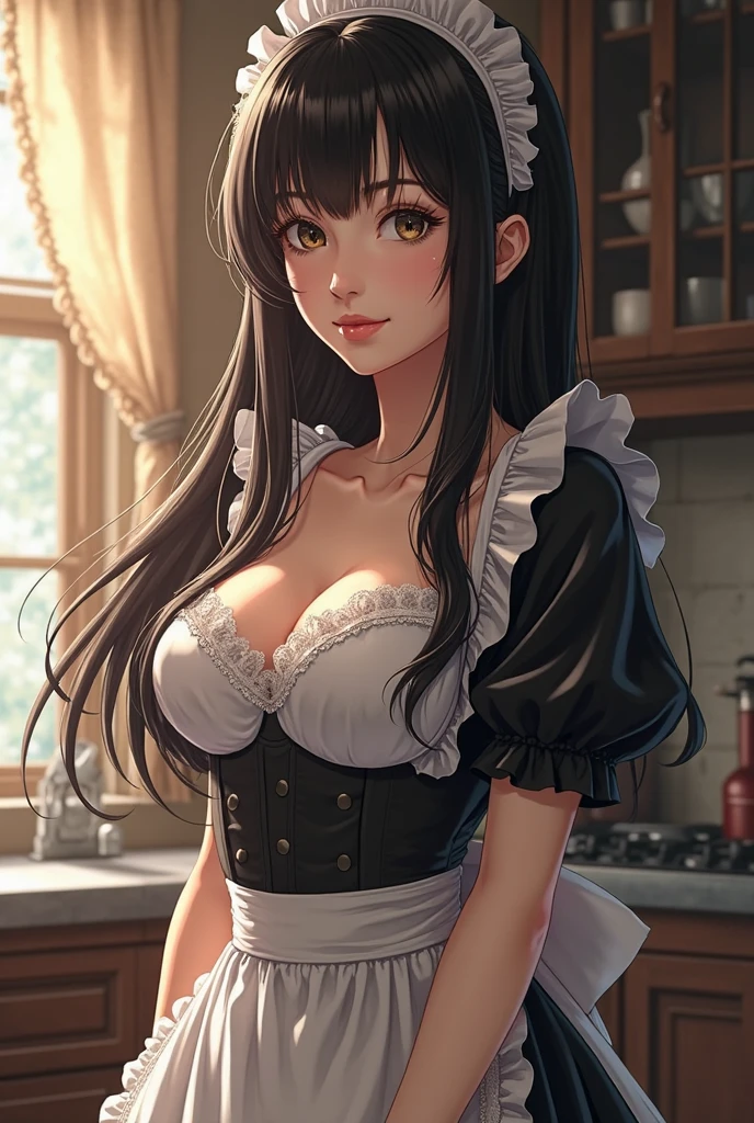 1 girl, black hair , Alone, (White apron), big breasts, neckline, thighs.