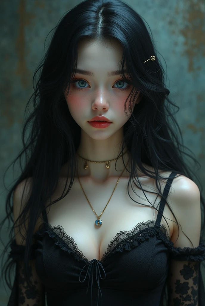 a women young with big and red lips, pale, beautiful, big eys, long hair, wear a pink top, as a coraline and the secret door, with bottons in her eyes, and big boobs
