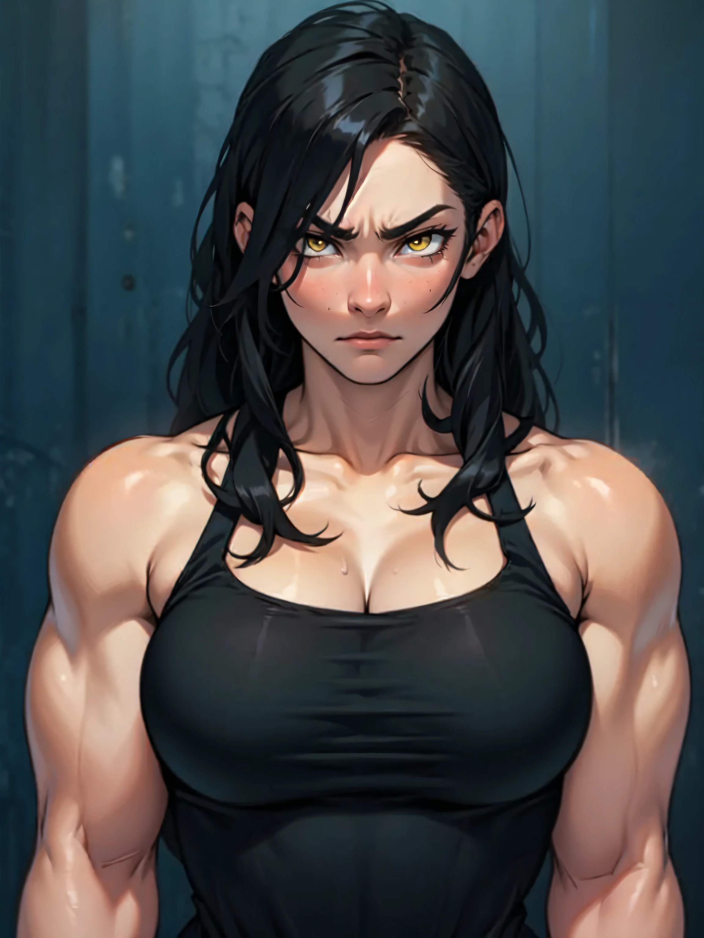 (((muscular girl))) massive breasts sad sad girl black hair yellow eyes pale skin sharp focus