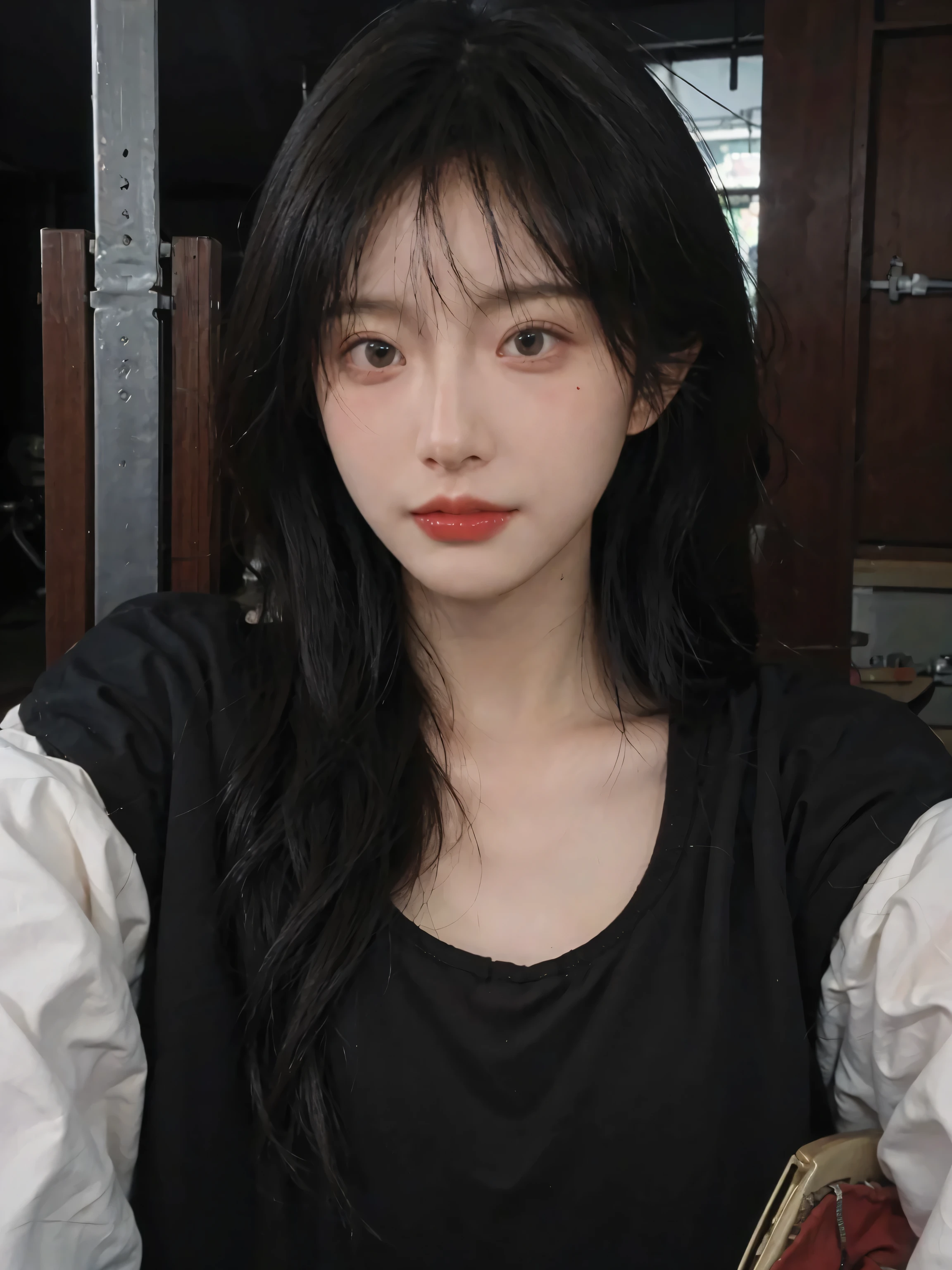 Masterpiece, Best Quality, (Dark Photo: 1.3), Realistic, 1girl, Flat Bangs, Stunning Innocent Symmetrical Face, Shirt, Emotional, Ulzzang, (PureErosFace_V1:0.7), JapeneseTeacher