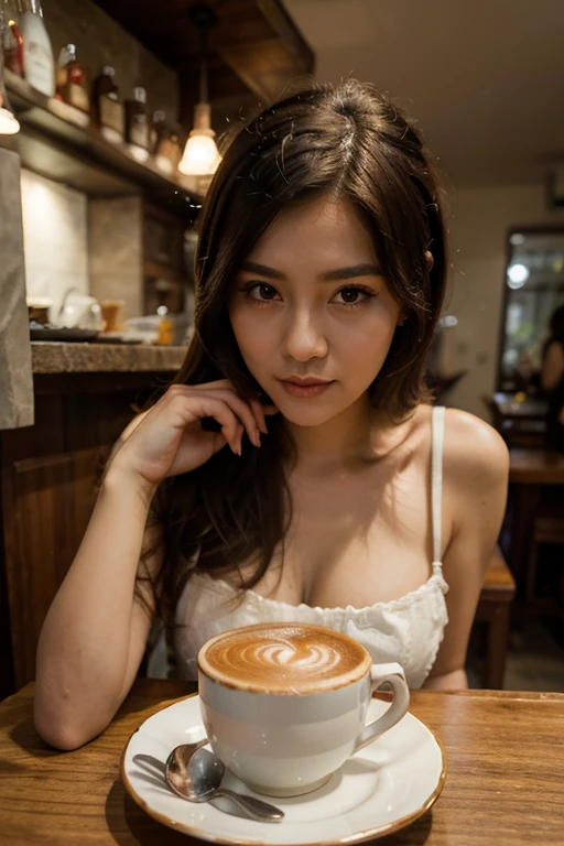 (in perspective) a gorgeous sexy brunette woman perfect 23-year-old secretary straight hair with ponytail oily silky white skin (damp) fleshy lips, (photorealistic:photorealistic, 8k masterpiece), large breasts wearing with a tight white dress shirt (highlight on breasts), sitting at a restaurant table holding a cup of coffee (hyperrealistic: realistic, environment with intricate details), with a sensual feature on the face: (texture and environment professional photography pure perfect lighting).