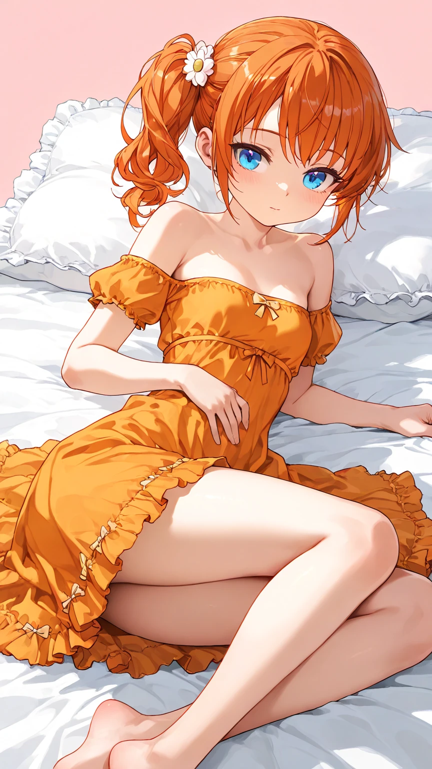 (best quality,4k,8k,highres,masterpiece:1.2),ultra-detailed,(realistic,photorealistic,photo-realistic:1.37),1loli,beautiful detailed eyes,beautiful detailed lips,extremely detailed eyes and face, innocent face,long eyelashes,orange fox ears,short hair,light green eyes,medium breasts,(beautiful floral print white kimono),small ass,orange tail,(loli body:1.0),bed,colorful lighting,soft focus