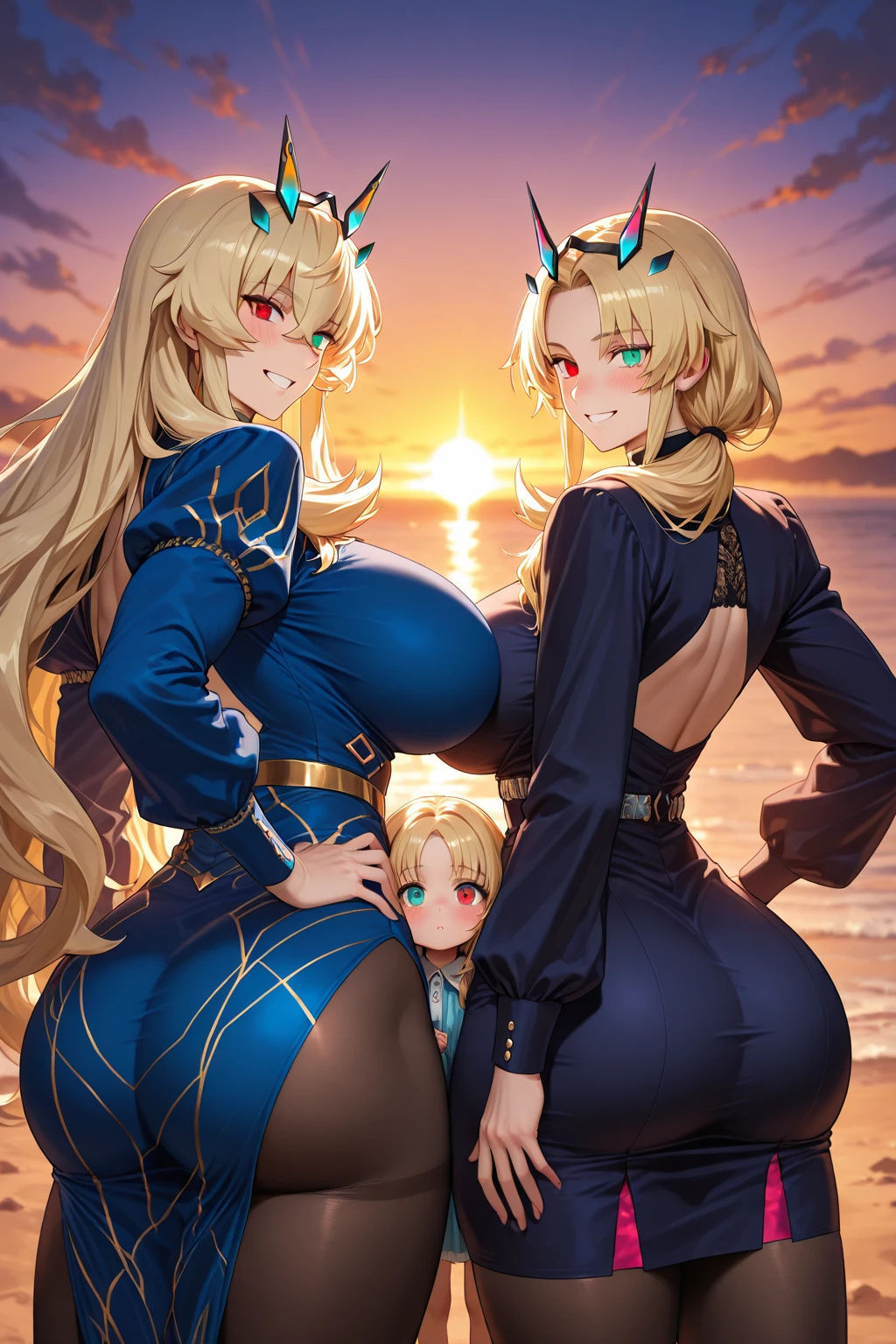 two sexy women standing by 4 years old boy with blonde hair, flirtatious smiles, all women look at boy