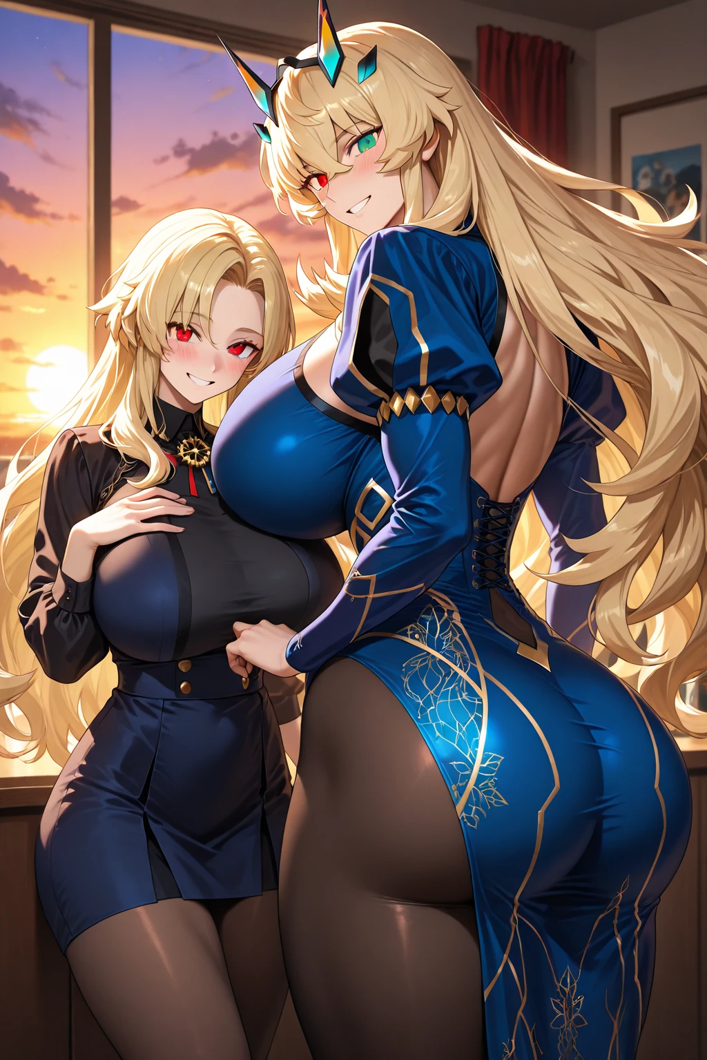 (masutepiece), (Look at the subjectivity), Golden Katana, (Oversized clothes:1.2), Miniskirt, ((Dark clothes)), Choker, (Bandaged hand), (Dark coat with ornate golden embroidery, Golden decoration), (White hair, Golden streaks on the hair), Yellow eyes, Thigh strap, (Neocity), (Clouds), Add_detail:1, hair over eyes, Hair over one eye, Colossal tits, Tits,, Hyper Maximum Size_breasts!! types of buberon,