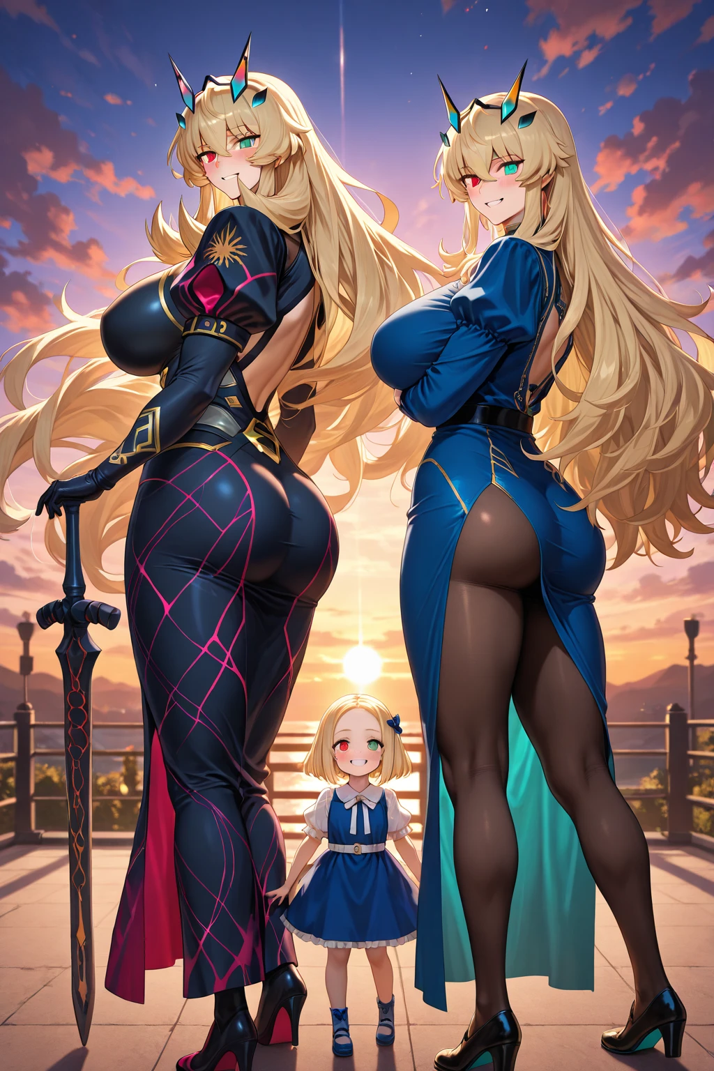Super detailed、Highest quality、Best image quality、masterpiece、8K、(shoulder-length blonde hair、Medium Long Hair)、(Open mouth smiling)、((SFW Huge Body))、(((Rear View)))、Cowboy Shot、Wear laces、Two women standing side by side with their butts facing the viewer、Two people holding hands