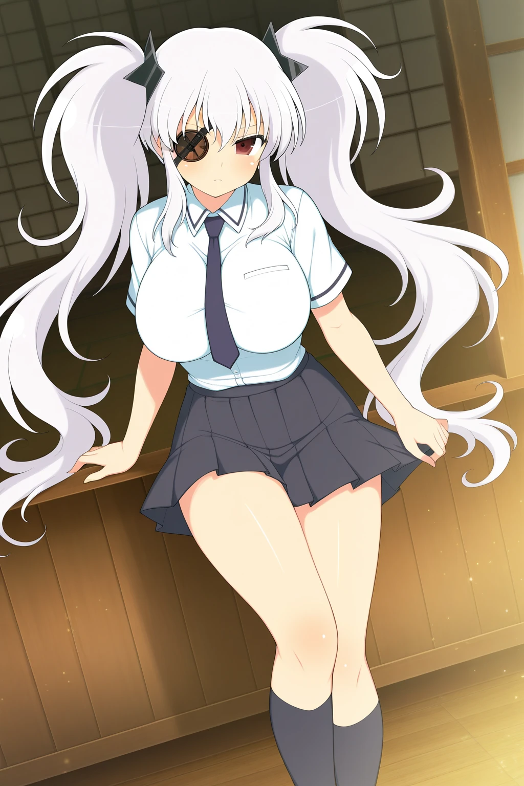 (alexia midgar), (faithfully), One gir, red eyes, long hair, very long hair, Silver hair,hair ribbon, sidelocks, blush, (medium breastst), maid headdress, mini-skirt maid, (lace stockings), black pumps, (black and pink lace Panties), (show off panties), (squatting), (skirt lift: 1.3), (spread legs), cowboy shot, spread legs, looking at viewer, indoor, bar 