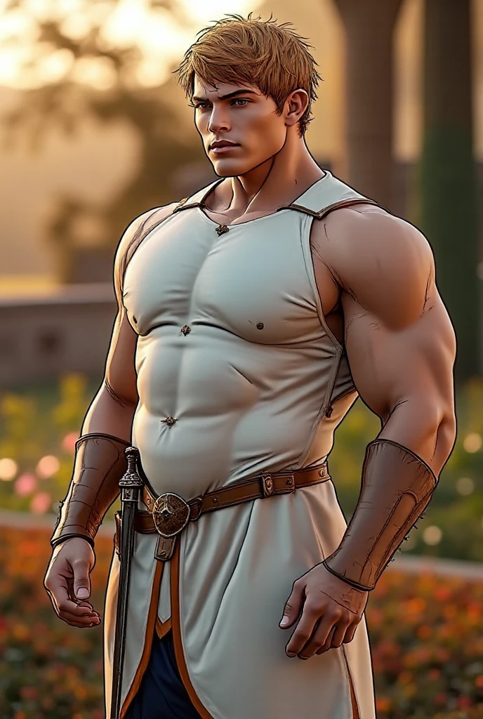 Herculean gladiator, bare chest, lower body revealed from thighs to feet, long curls cascading, meticulous muscle definition, photorealistic portrayal, 4K quality. Background: Colosseum in ancient Rome,32k uhd, best quality, masterpiece, super detail, high details