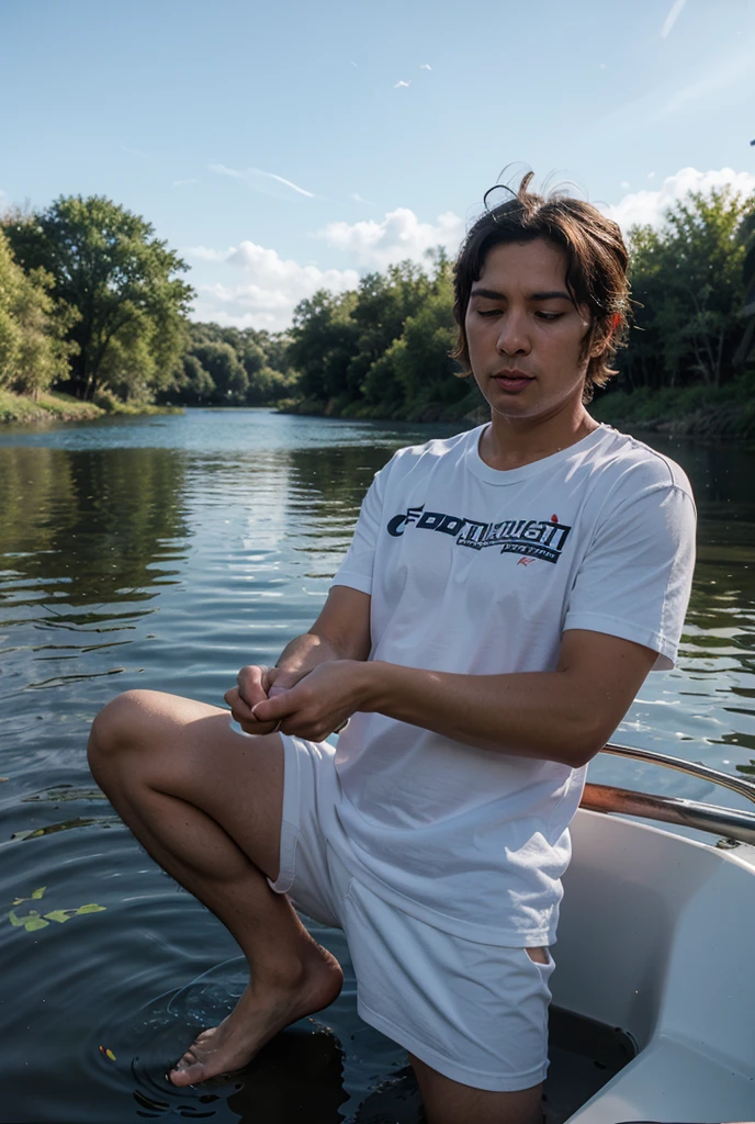 young, Beautiful, handsome, white, skinny, angelic, shirtless, pescando pez en un hermoso pantanal de catata hombre Beautiful Beautiful trasero de costado con una camisa mojado trasparente atrapando pez en su mano