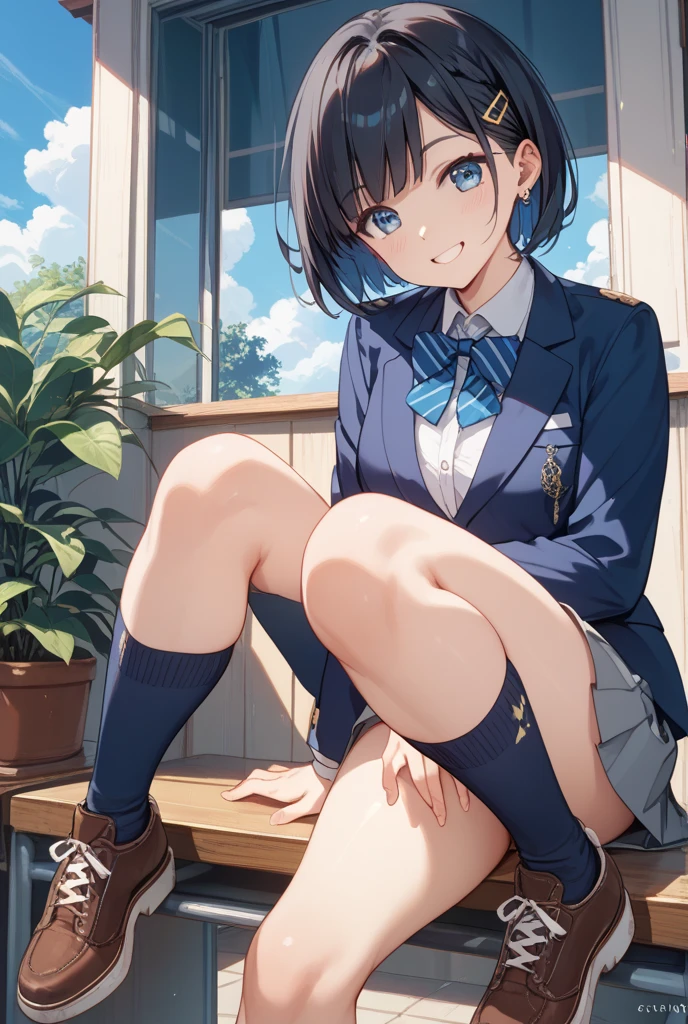 ((masterpiece, super detailed, fine detail, top quality, illustration)), blue sky, 20-year-old woman, beautiful woman, beautiful wet black hair, bob cut, beautiful red eyes, close-up, wet white shirt, tie, checked miniskirt, black socks, black shoes, a lot of hydrangea, rainbow visible, whole body, smile, looking up at the sky, squatting, white underwear,