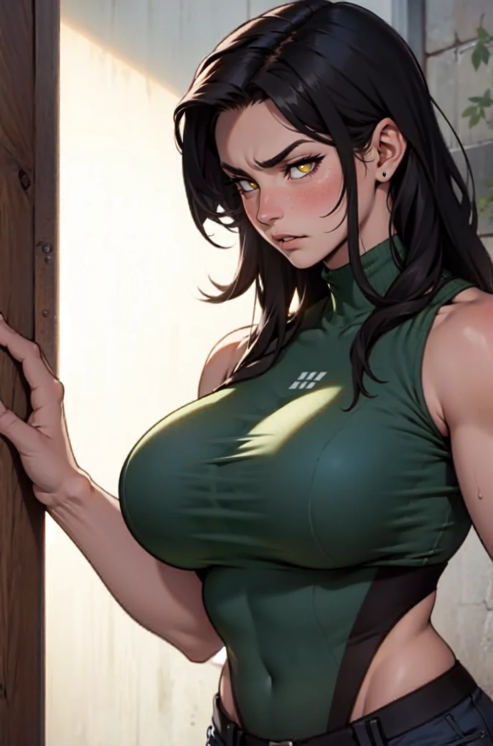  Amazing portrait of a sexy woman with with her  black hair in a messy bun lifting her pale green loose t shirt slightly to showcase her voluptuous and curvy body that is accentuated by her black yoga pants making her look hot with vibrant colors and soft lighting