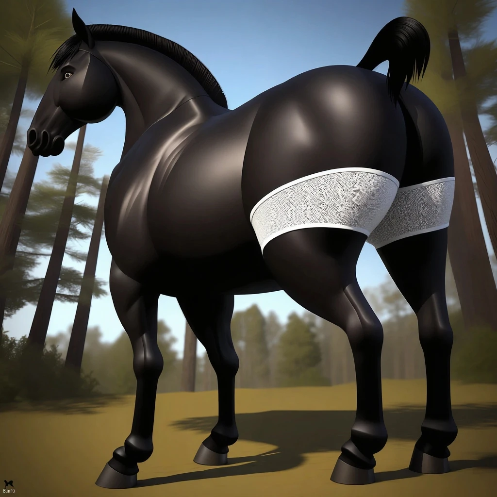 ((black horse feral):1.5) ((perfect anatomy)), big butt, male,((3d render)), on mid of forest, massive muscled male ((Good anatomy)) , ((long black hair):1.5), ((detailed green eyes)), beautiful fur, HDR, 45mm, beautiful butt((perfect resolution)), ((with two balls and sheath and long pink penys between the legs):1.5), sexual expression, ((solo):1.5))