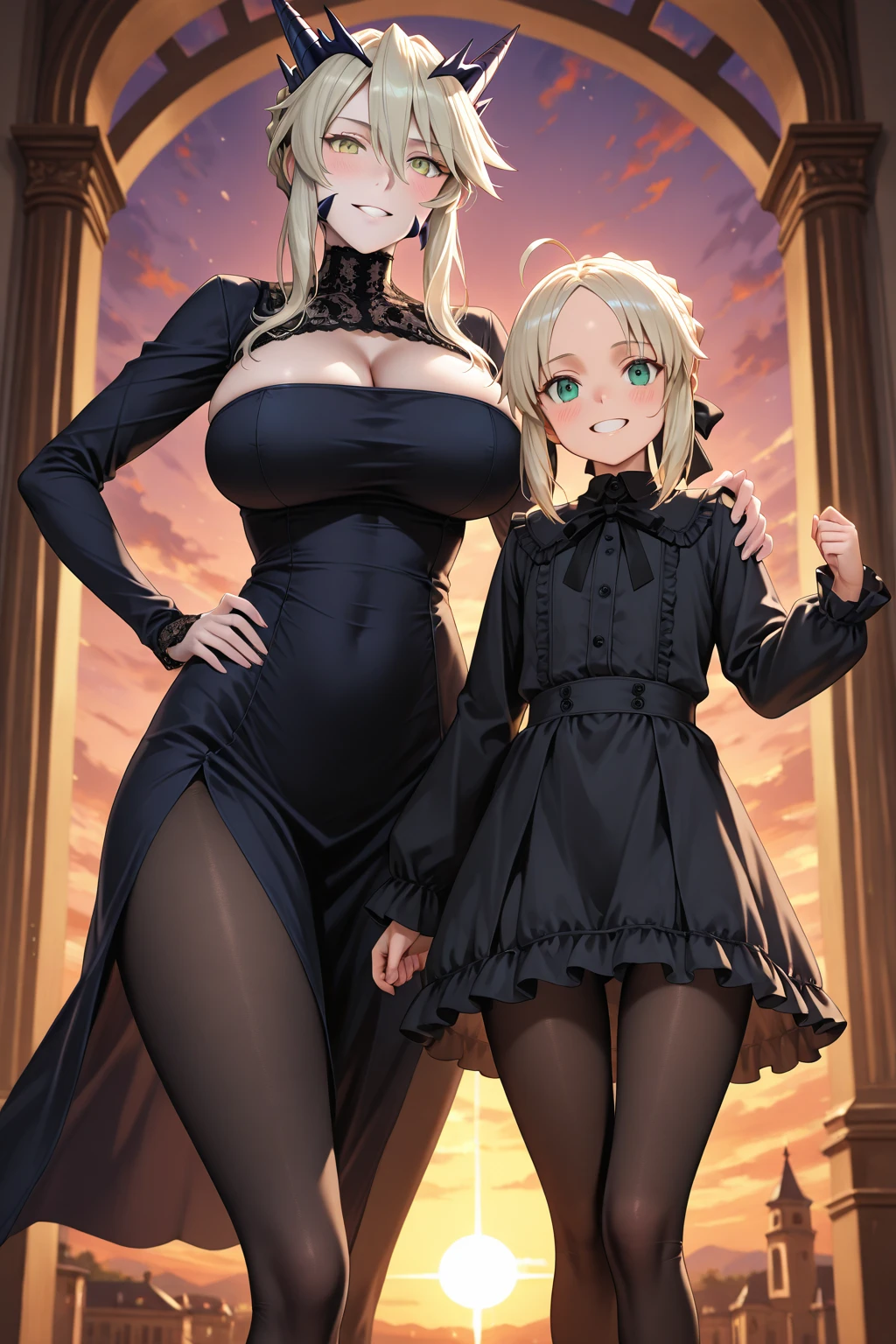 (masterpiece, best quality, ultra-detailed, high resolution, detailed eyes),(2girls,duo), takeda hiromitsu style, 2woman, (40 years old), solo, large breast, standing, voluptuous body,wears pink dress,horns,black wings,white mob cap,elf ears,bedroom,