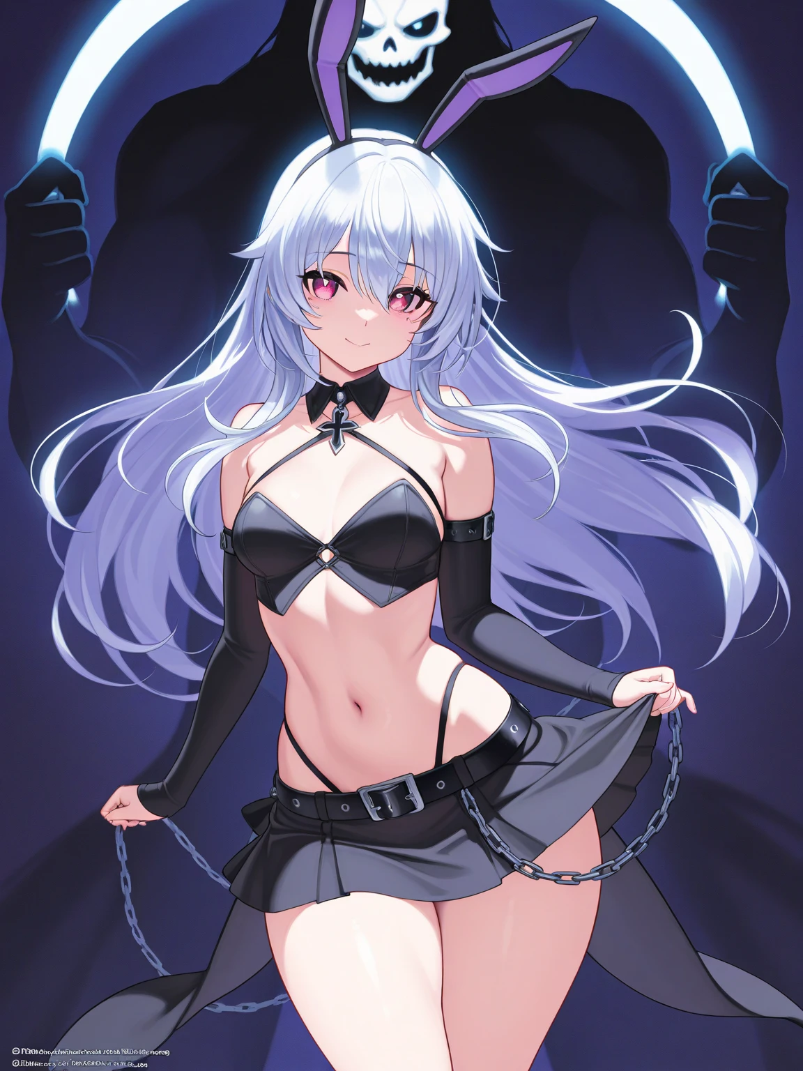 1girl, tall girl, long hair, white hair, black stockings, NSFW, uncensored, high quality, hd, black blindfold, black katana, no bra, looking at sky, night, rain, small boobs, white apron, kitchen,