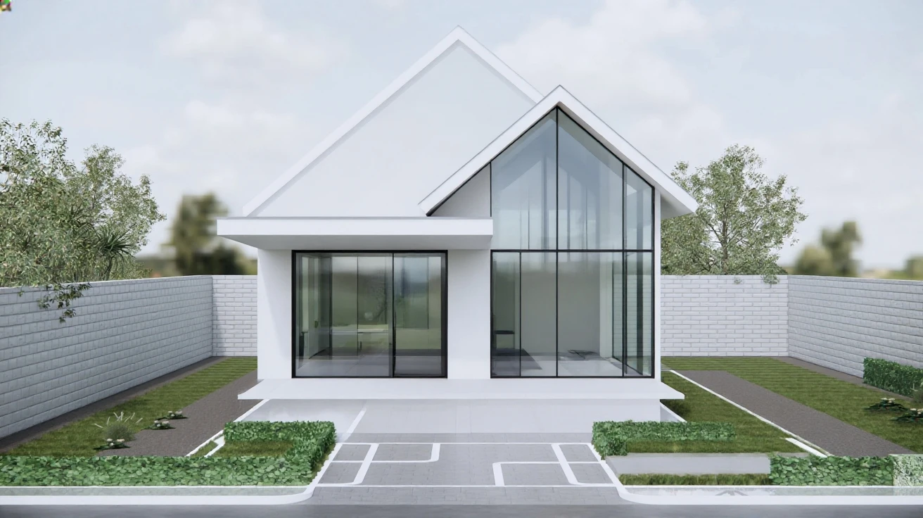 (masterpiece, best quality:1.2), modern house, 1 story, white color, outdoor light, ceiling light, moldings , steps to inside house, 