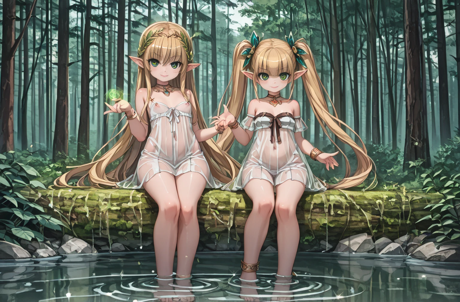 2 girls, naked, blonde hair, brown hair, showing butt hole