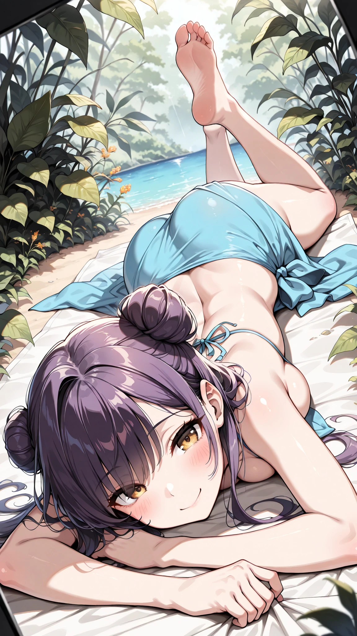 (masterpiece, best quality:1.2), full body, (solo), Android 18 from Dragon Ball, 20s, ((string bikini, black bikini, side-tie bikini bottom)), (wariza, sitting), medium breasts, blunt bangs, short purple hair, (close eyes), earrings on earlobes, slim, slender feminine figure, skinny body, blush, sky, magnificent view, blur background, 4K, open mouth, beach, smile, (Sandy Beach), beautiful butt, (back view), (crossed arms), side boob, back shot