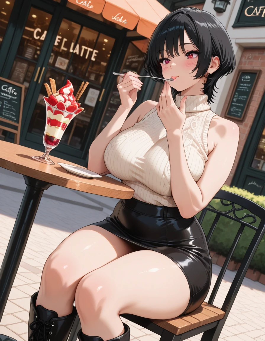 ((masterpiece, best quality)), (1girl), (female focus), ((very very short hair)), black hair, grey eyes, ((black sports bra)), ((no_panties)), ((bare legs)), ((no socks)), (large breasts), 4k, 8k, ((wink)), at the party, sexy, enlarging the girl, blurring the background, nose blush