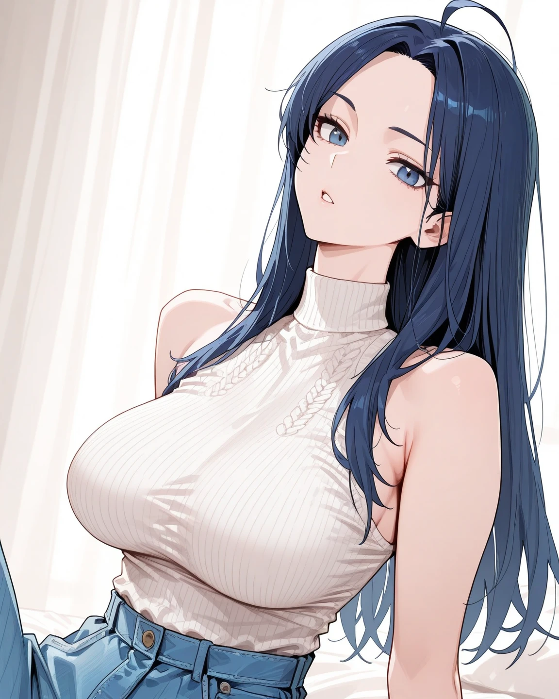 (best quality,4k,8k,highres,masterpiece:1.2), ultra-detailed, (realistic,photorealistic,photo-realistic:1.37), HDR, UHD, studio lighting, ultra-fine painting, sharp focus, physically-based rendering, extreme detail description, professional, vivid colors, bokeh, portraits, photography, (best quality,masterpiece:1.3), (mature woman, milf), (tall:1.2), anime, masterpiece, beautiful eyes, best quality, detailed face, 1girl, solo, beautiful, KroniiCasual, long hair, hair intakes, turtleneck, long sleeves, bare shoulders, jeans, blue eyes, huge breasts, huge belly, bloated belly, stuffed belly, plump, chubby, curvy, chubby girl, belly, big belly, fat belly, soft shading, detailed, semi-realistic, sciamano240