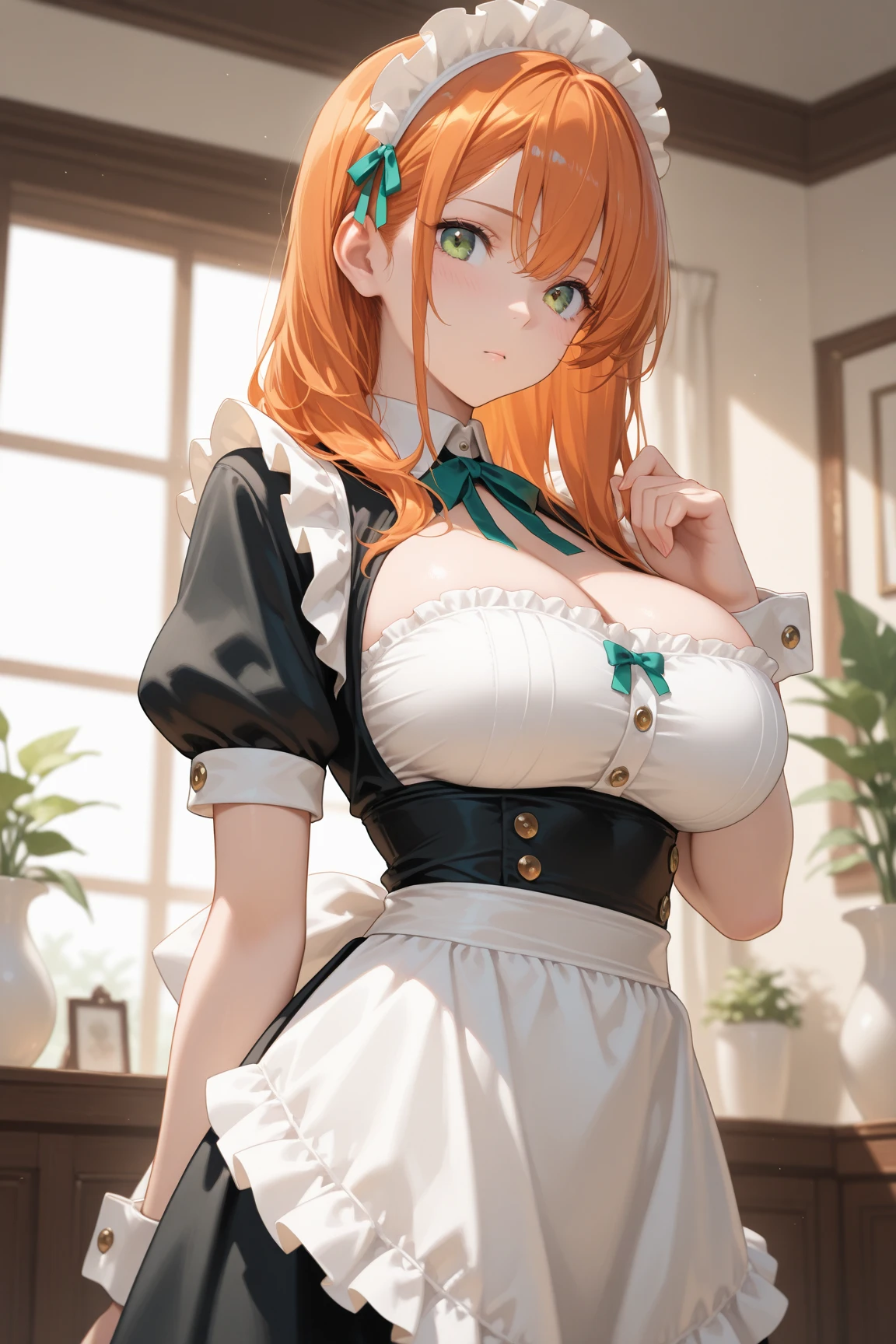 /draw apron orange_hair green_eyes breasts breasts_out couch dress female frills gloves highres koruse large_breasts long_hair looking_at_viewer lying maid maid_apron maid_headdress no_panties original solo gloves black pantyhose lifts her skirt and shows her ass in pantyhose HD UHD HQ