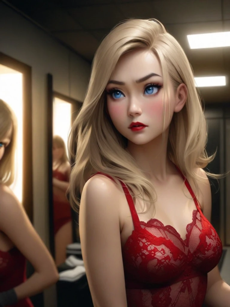 1girl,a beautiful fashion model ,(masterpiece, detailed background, best quality),short and shiny hair, light blomde hair with blonde highlights,smirk,juicy lips,red lips, calmart, lingerie, stripping, elegant makeup, (girl cocking her eyebrow)