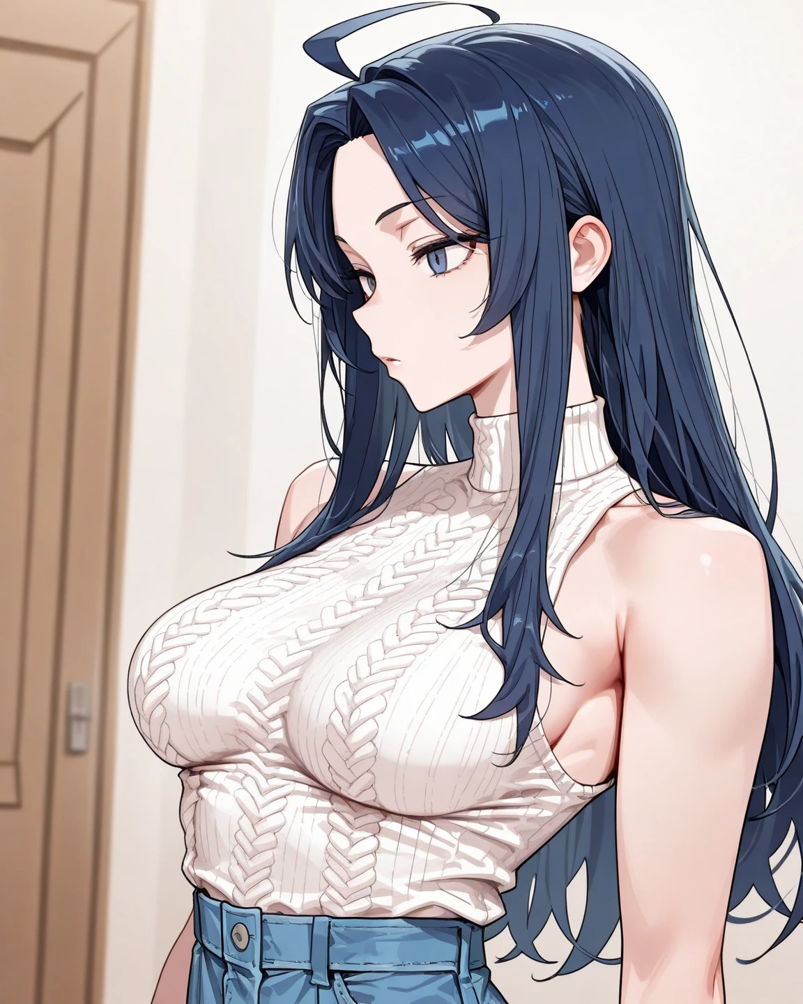 (best quality,4k,8k,highres,masterpiece:1.2), ultra-detailed, (realistic,photorealistic,photo-realistic:1.37), HDR, UHD, studio lighting, ultra-fine painting, sharp focus, physically-based rendering, extreme detail description, professional, vivid colors, bokeh, portraits, photography, (best quality,masterpiece:1.3), (mature woman, milf), (tall:1.2), anime, masterpiece, beautiful eyes, best quality, detailed face, 1girl, solo, beautiful, KroniiCasual, long hair, hair intakes, turtleneck, long sleeves, bare shoulders, jeans, blue eyes, huge breasts, huge belly, bloated belly, stuffed belly, plump, chubby, curvy, chubby girl, belly, big belly, fat belly, soft shading, detailed, semi-realistic, sciamano240