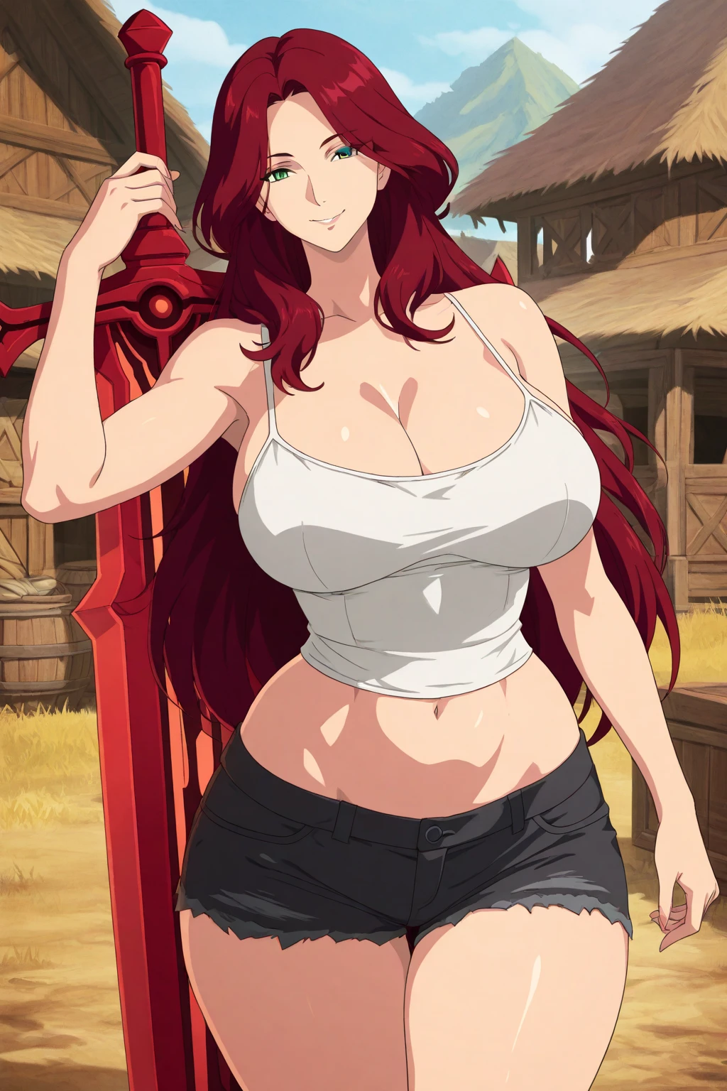 Masterpiece, Best Quality, hight resolution, fairytale, 1girl, hairlong, red hair, pony tail, white ribbon, hair above one eye, Brown eyes, large breasts, 鎖骨, Huge-breasts, Sarashi's chest, bandage, bare arms, midriff, Red Hakama, wide thighs, big butt, red pants, Cowboy shot, Indoors, Standing, epic pose, Erotica, the wind,