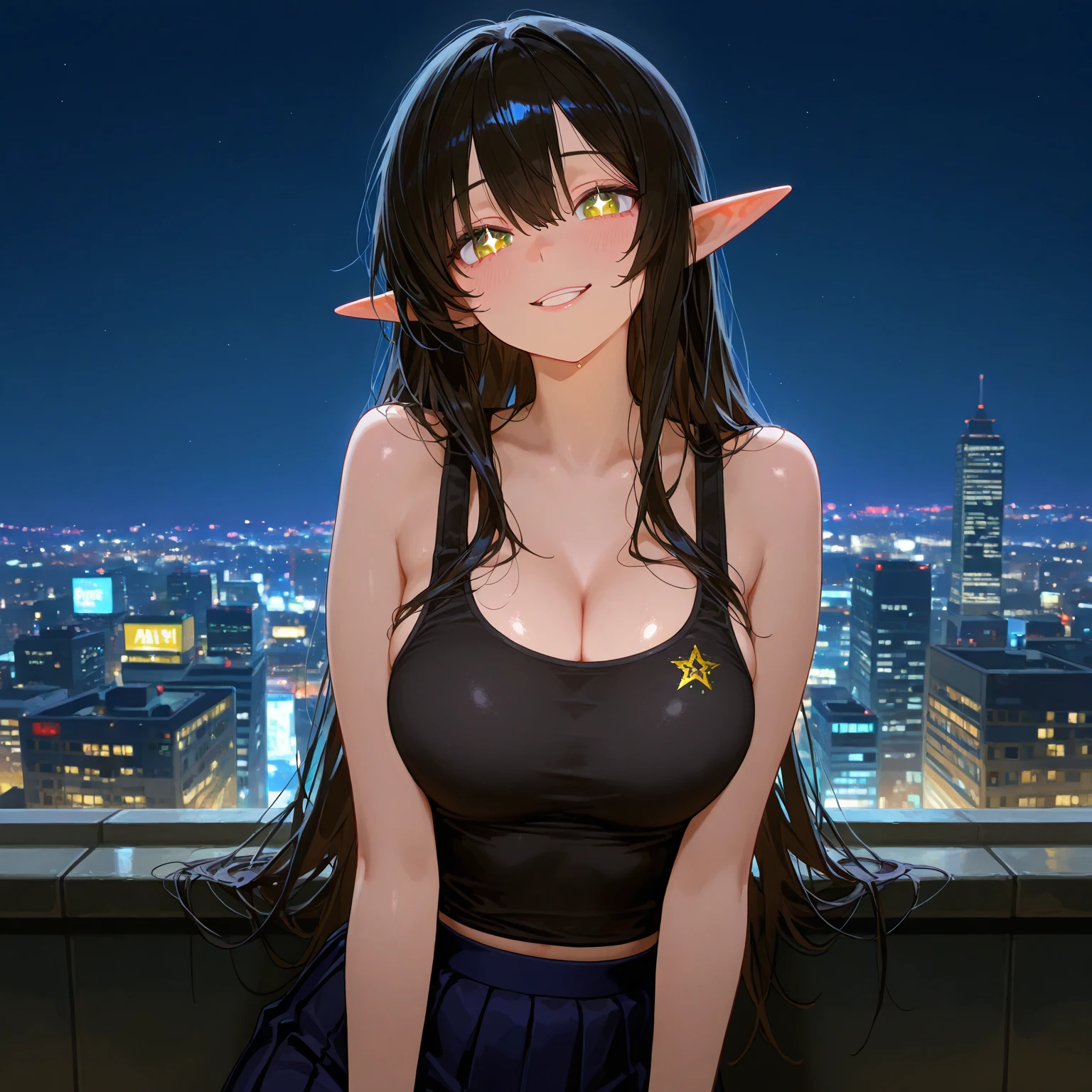 A young girl with long black hair braided in low pigtails draping down behind her back, Bangs hanging low in front of face, pale white skin, and short elf ears, Wearing a little black sweater dress with nylon stockings, Some cleavage exposed. Tired and dull looking red eyes, looking towards the camera, Night time city skyline view.
