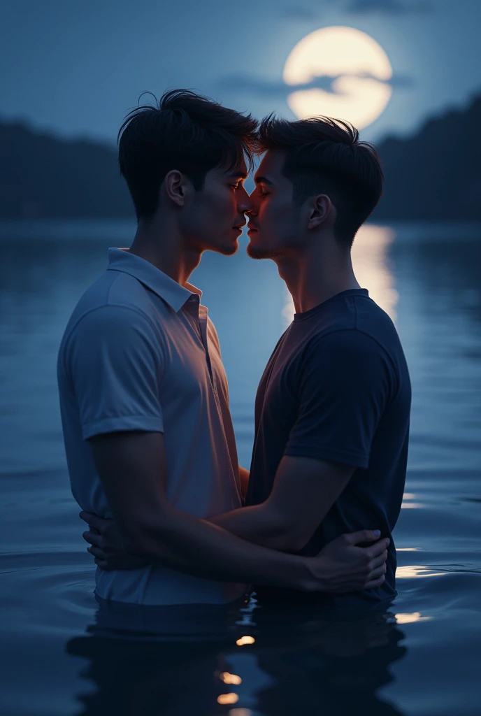 nsfw, yaoi, best quality, masterpiece, extremely detailed, close up, two men, nude, extremely handsome 25 year old man with middle parting dark hair, extremely handsome 30 year old filipino man with short blond hair, muscular build, sitting by a lake, looking at each other lovingly, a fish jumps out of the water, crescent moon in the sky, vibrant colors, extremely romantic atmosphere, dark cinematic lighting, dramatic shadows, perfect hands, perfect fingers, perfect face